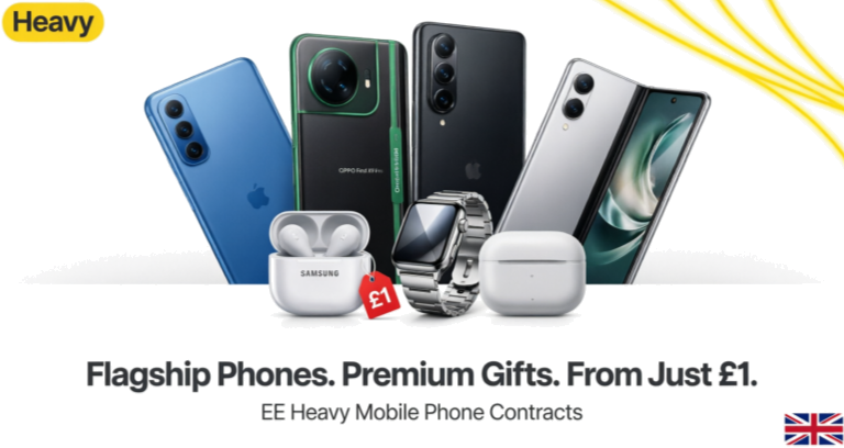 EE Heavy mobile phone contracts showing Galaxy Z Fold8, OPPO Find X9 Pro, Pixel 11 Pro, Pixel 10a with free gifts Samsung Buds for £1, OPPO Watch X3 worth £329, and Buds4 Pro worth £219