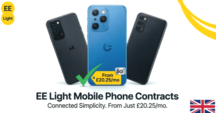 EE Light Mobile Phone Contracts hero showing Motorola G37 5G, Google Pixel 10a, and Samsung Galaxy A17 5G with From £20.25/mo price tag and 5G+ badge