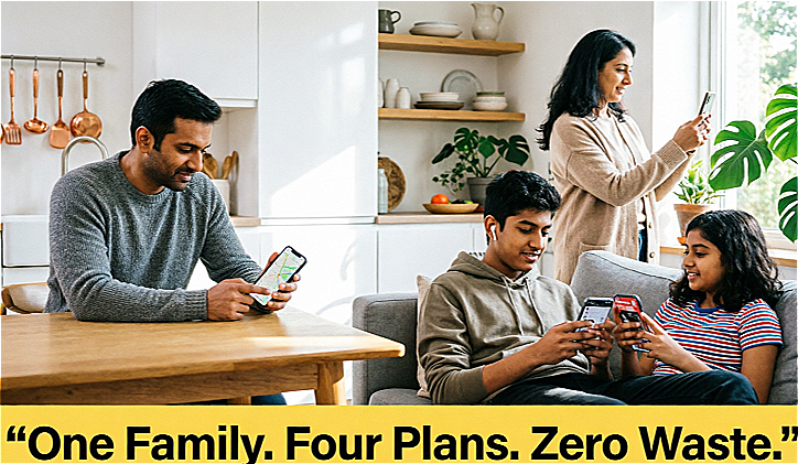 EE Light family — one family four plans zero waste — Indian family Dad on maps Mum photographing Teen scrolling Youth watching content