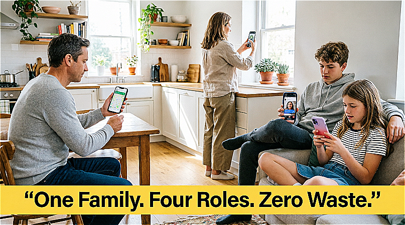EE Medium family — one family four roles zero waste — Dad on maps Mum photographing Teen video calling Youth browsing