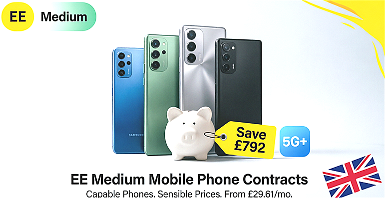 EE Medium Mobile Phone Contracts hero showing Samsung Galaxy A37, Motorola Edge 70, Google Pixel 11, Samsung Galaxy A57 with piggy bank Save £792 tag and 5G+ badge