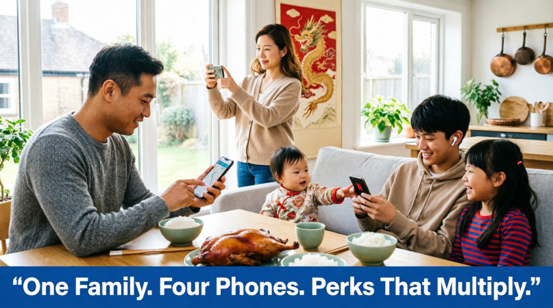 O2 Light family — one family four phones perks that multiply — Chinese family Dad on maps Mum photographing Teen scrolling Youth watching baby playing