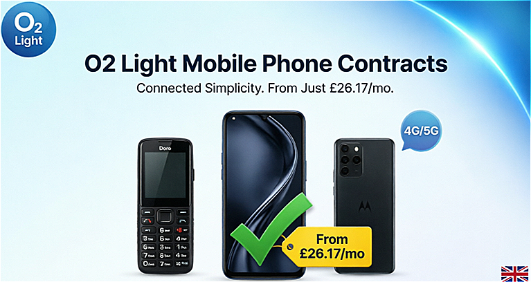 O2 Light Mobile Phone Contracts hero showing Doro Leva L20, HONOR X5c Plus, and Motorola moto g35 5G with From £26.17/mo price tag and 4G/5G badge
