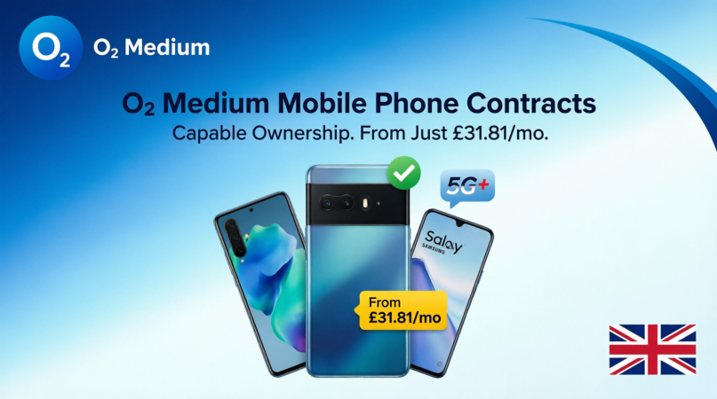 O2 Medium Mobile Phone Contracts hero showing Pixel 10a, Galaxy A57, and Galaxy A37 with From £31.81/mo price tag and 5G+ badge