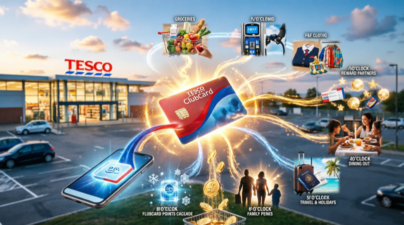Tesco Clubcard ecosystem universe — your phone bill powers groceries, fuel, F&F clothing, Reward Partners, dining out, travel, Family Perks, frozen prices and Clubcard Points in one connected value loop
