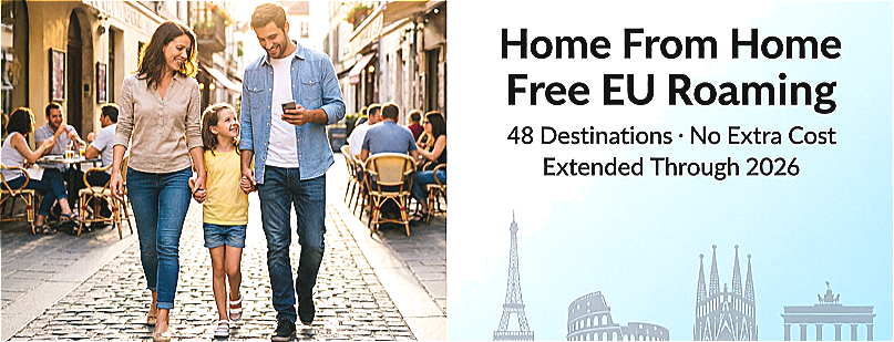 Tesco Mobile Home From Home — Free EU Roaming across 48 European destinations at no extra cost, extended through 2026