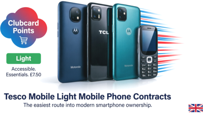 Tesco Mobile Light mobile phone contracts visual preview — four budget smartphones and a feature phone representing Light-Light, Light-Medium and Light-Heavy routes with Clubcard Points from £7.50/mo