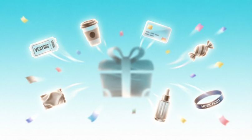 VOXI Drop perks bursting from a gift box — cinema tickets, coffee, sweets, skincare, gift cards, festival wristbands