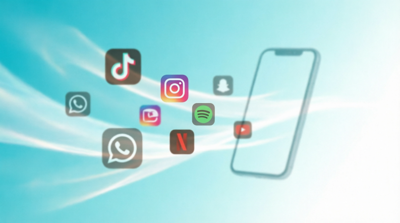 VOXI Endless Social Media apps floating around a transparent smartphone silhouette