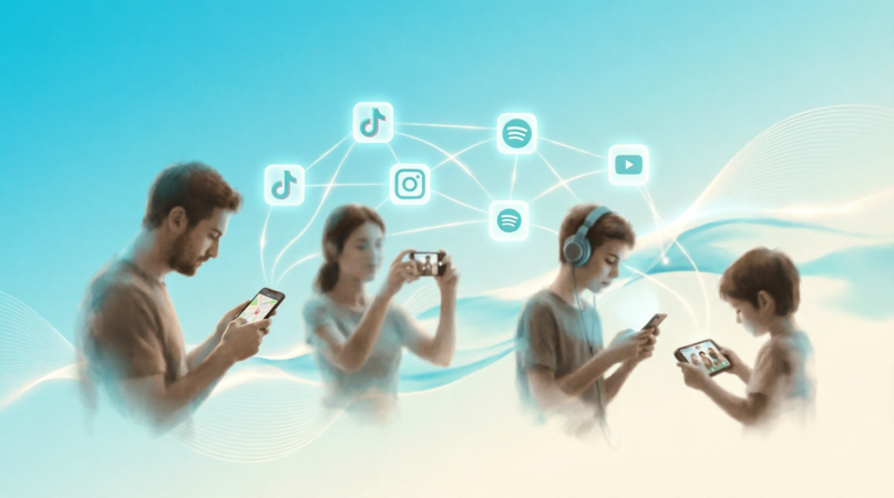 Family of four connected through Unlimited Social Media — Dad on maps, Mum photographing, Teen with headphones, Youth gaming — all linked by glowing app icons