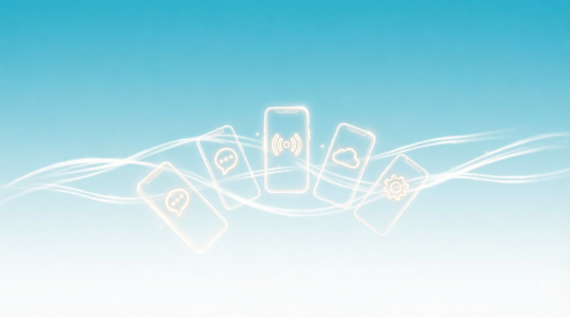 Five translucent smartphones in an arc with glowing connectivity icons suggesting comfortable connected ownership