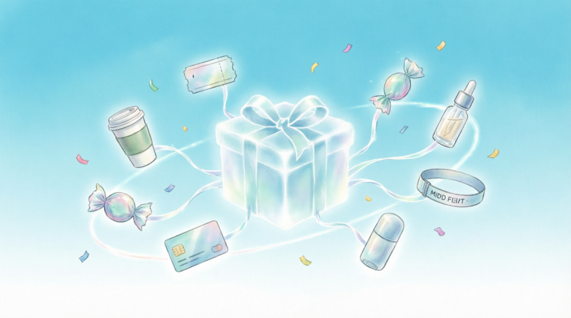 VOXI Drop perks bursting from a glowing gift box — cinema ticket, coffee, sweets, skincare, gift card, wristband, deodorant orbiting outward