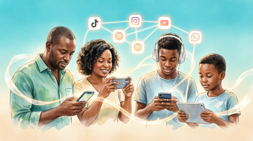 Black family of four connected through Unlimited Social Media — Dad on maps, Mum photographing, Teen with headphones, Youth on tablet — all linked by glowing app constellation