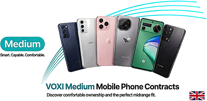 VOXI Medium mobile phone contracts visual preview showing Samsung Galaxy A57 5G, Sony Xperia 10 IV, Apple iPhone 16, Motorola Edge 70 Pro, Google Pixel 10 and HONOR 600 representing comfortable ownership across six brands