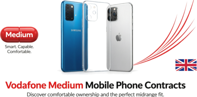 Vodafone Medium mobile phone contracts visual preview showing Samsung Galaxy A56, Nothing Phone 2a, and Apple iPhone 16e representing comfortable midrange ownership