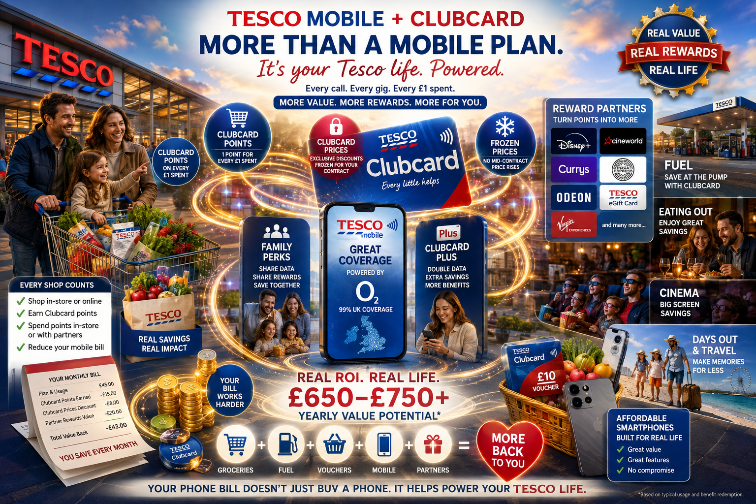 Tesco ecosystem — phone bill powers groceries, fuel, clothing, dining, travel, family perks