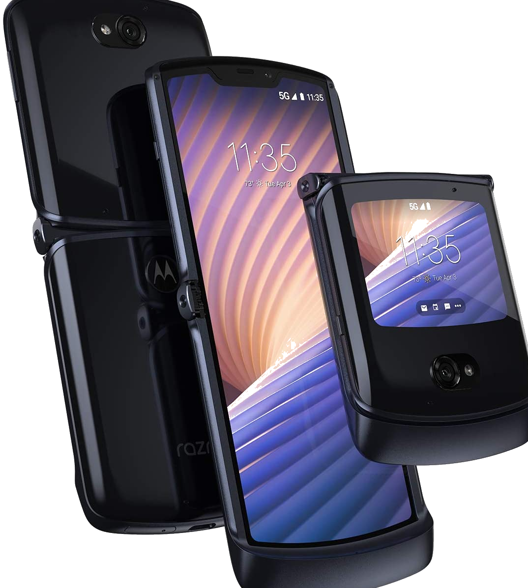 Motorola Razr SmartPhone can fold using an intricate hinge system allowing the flexible OLED display screen to clampshut like a clamshell, Exposing a second screen on the outside.