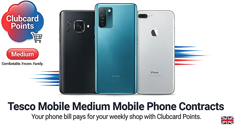 Tesco Mobile Medium mobile phone contracts visual preview — three smartphones representing Mid-range Value, Upper Mid-range Value and Upper Mid-range Performance routes across Samsung, Google and Apple with Clubcard Points savings
