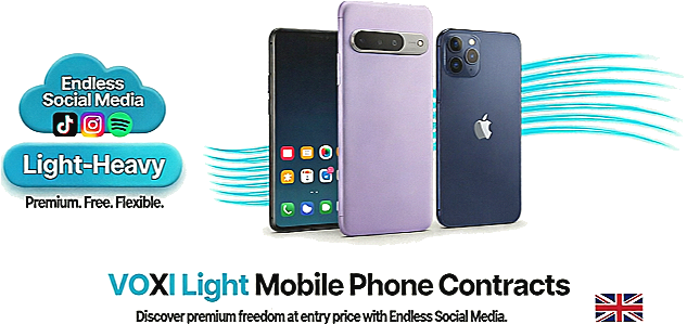 VOXI Light mobile phone contracts visual preview showing Samsung Galaxy A17 5G, Google Pixel 10a, and Apple iPhone 13 representing premium freedom at entry price